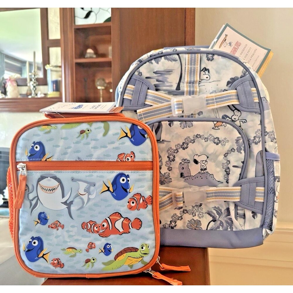 School Pottery barn SNOOPY NEMO BACKPACK +LUNCH BOX BAG Peanuts travel shark .